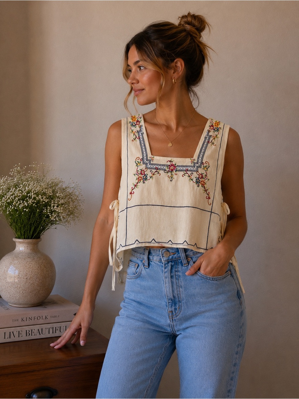 Cream Embroidered Sleeveless Tie-Side Tank Top